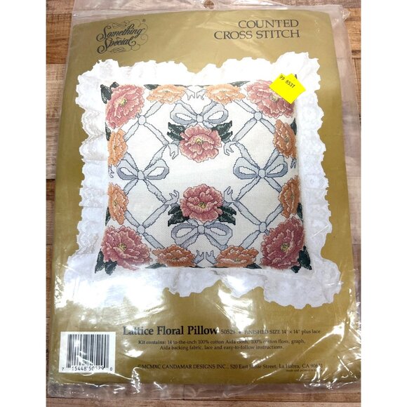Lattice Floral Pillow Counted Cross-Stitch Kit 14"x14" Finished Size Includes Ai - Picture 1 of 4